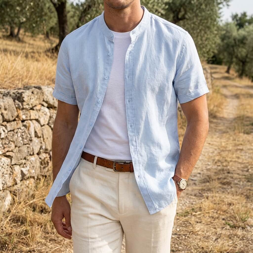 Camisa de lino hombre — cuello banda manga corta — ropa casual playa
